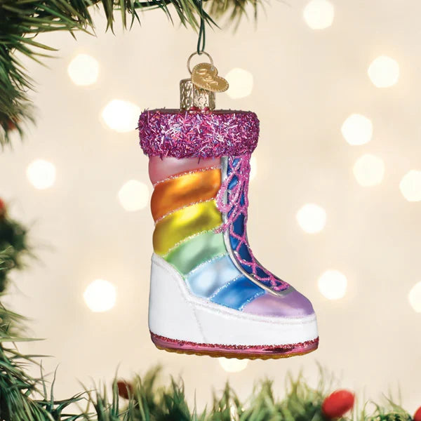 Glass Colorful Snow Boot Ornament rainbow colors on a tree