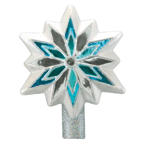 Snowflake tree topper in silver, white, and blue with glittered accents and a silver base.