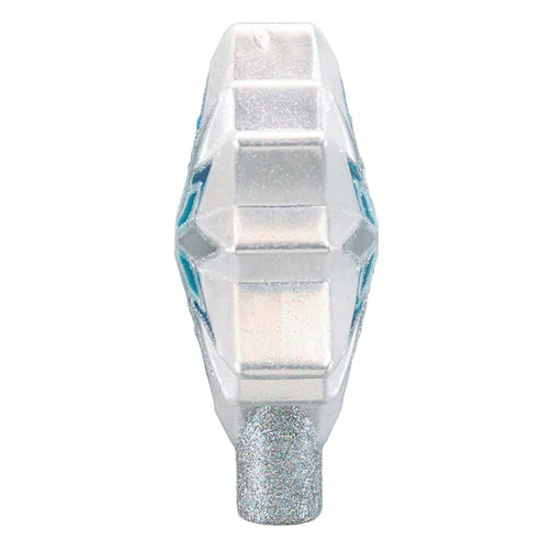 Side view of the Snowflake Tree Topper showing its dimensional snowflake shape, silver glittered finish, and layered design.