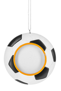 Soccer ball picture frame ornament shaped like a black and white soccer ball with a circular center opening for a photo.