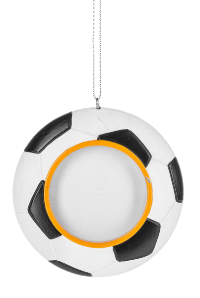 Soccer ball picture frame ornament shaped like a black and white soccer ball with a circular center opening for a photo.