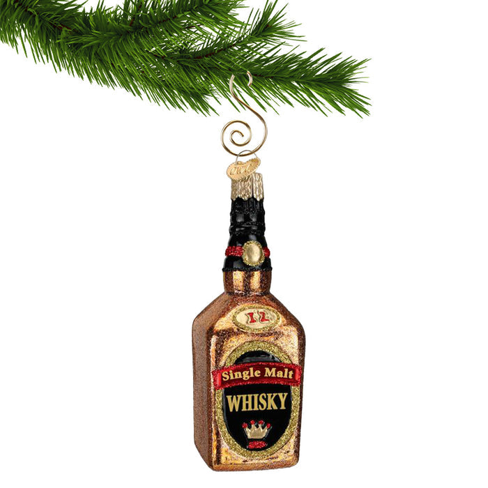 Whisky Bottle Ornament hanging by a gold hook