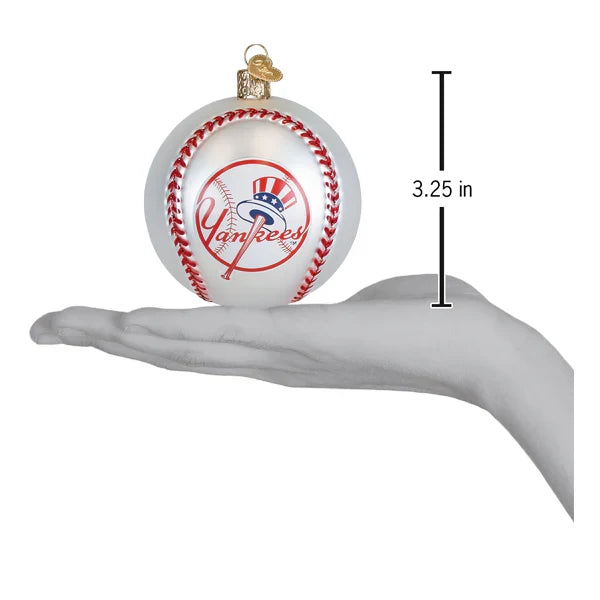 Baseball ornament with Yankees logo held in a hand, showing measurement of 3.25 inches.